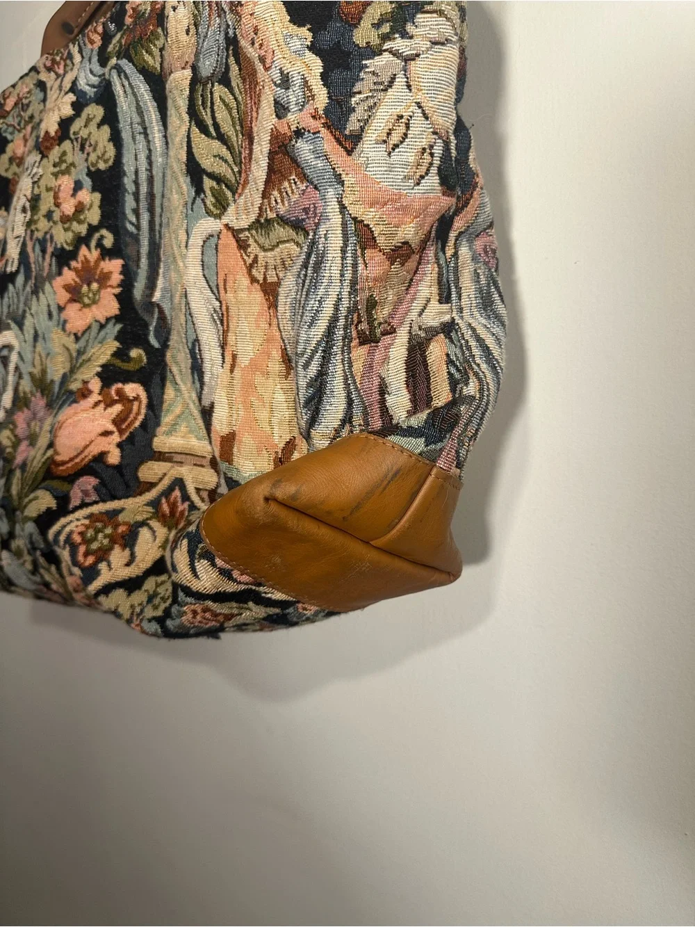 Vintage Tapestry Tote Bag with Leather Trim - Black Floral Scene & Horse